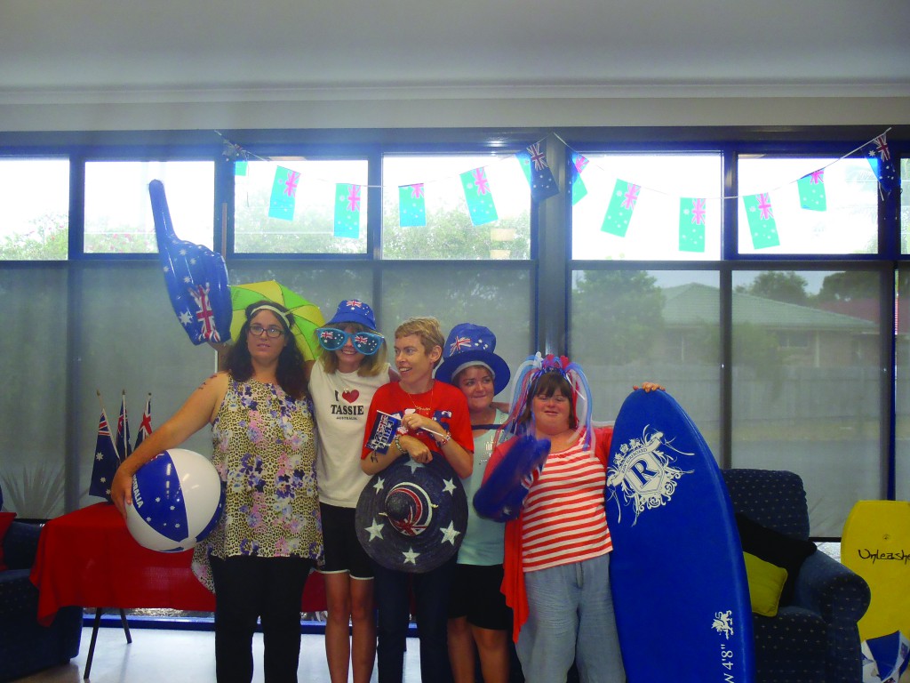 Pheebe Dillon, Ellie Mugiven, Kristin Hancock, Calena Olliver and Kelly Burns celebrating Australia Day during a "Chicks Time" session in the 'Fun House'.