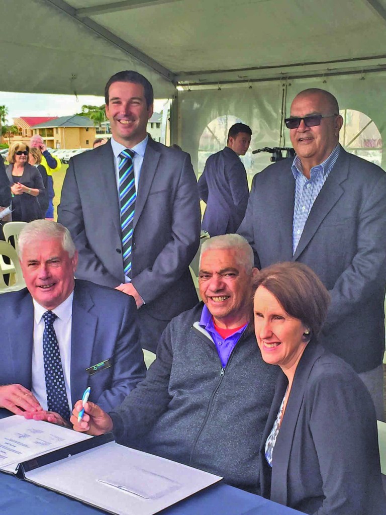 MidCoast Water chairperson Cr Tony Summers, Forster Local Aboriginal Land Council Chairperson Vince Hall, Minister for Aboriginal Affairs the Hon Leslie Williams MP. (Standing) MidCoast Water’s acting general manager Brendan Guiney and CEO of the Forster Local Aboriginal Land Council Dan Rose.