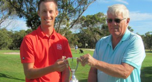 Hawks Nest Golf Club professional Andrew McCormack and organiser David Gilbert showing just a few of the prizes on offer for “The Grey Nomads’ Cup”. 