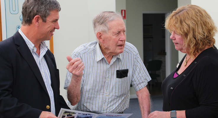 Federal Member for Lyne Dr David Gillespie MP, Peter Sinclair Gardens resident and original founding committee member George Mallam with RSL LifeCare Regional Manager Kay De Mestre
