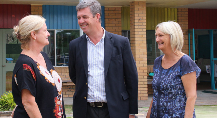 Federal Member for Lyne Dr David Gillespie discusses the proposed upgrade with Preschool Director Judy Clarke and Assistant Teacher Debbie Johnston.