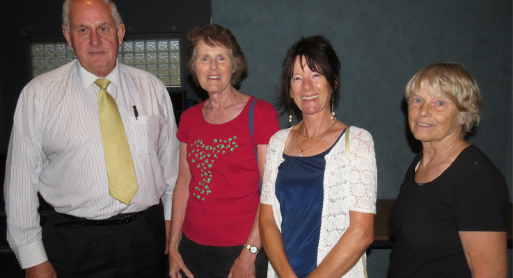 Local Governments Delegate Dr Ian Tiley with Barbara Lyle from Tea Gardens and Pindimar residents Lesley Lane and Vee Hallinan at the Bulahdelah Enquiry. 