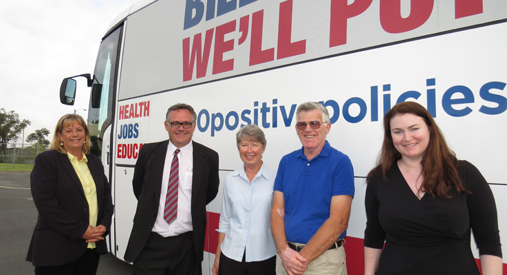 Labor Senate Candidate Vivien Thomson, Country Labor Candidate for Lyne Peter Alley, Chris and Brian Groth from Tea Gardens and Tara Moriarty discuss Federal issues alongside Labor’s Campaign Bus. 