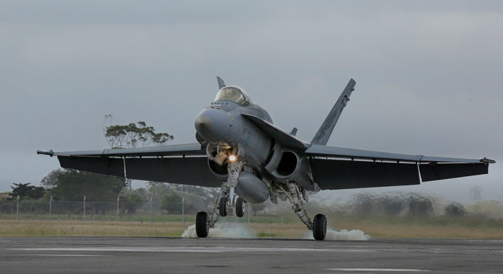 A No. 3 Squadron F/A-18 Hornet touches down at RAAF Base.
