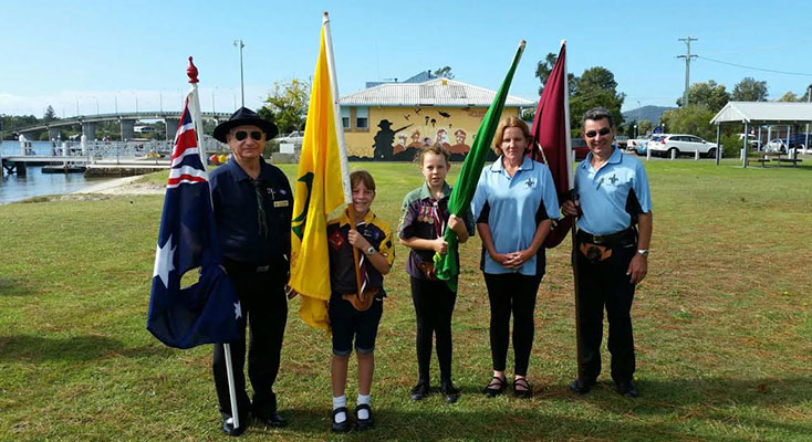 Manning District Scout Commissioner Stan Woodrow, Cub Scout Lily Denton, Scout Hollee Denton, Parent Helper Kim Denton and Deputy Chairperson Group Support Committee Peter Denton