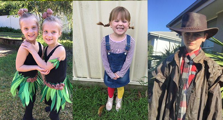 Lucy and Lyla Magnee as May Gibbs Gum nut babies(left) Avah Kitchen as Pippi Long Stockings(center) Hayden Reddon as the Man from Snowy River(right)