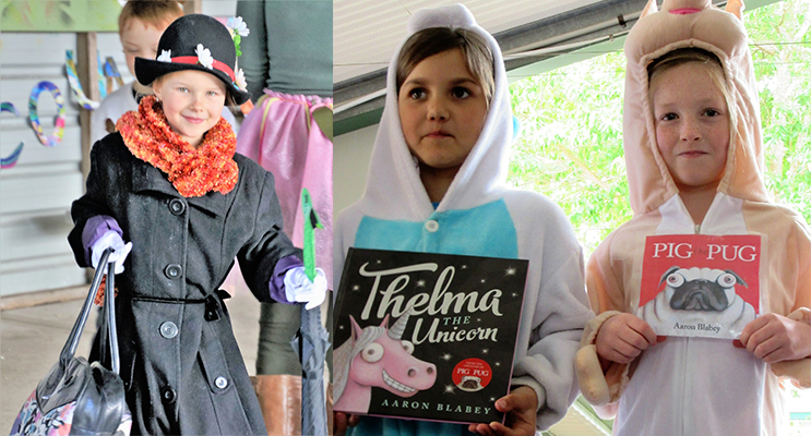 BOOK WEEK: Booral student Lync dressed as Mary Poppins. (left) AUSTRALIAN THEME: Delilah Newlin and Evie Braddick from Tea Gardens dressed as characters from Aaron Blabey books.(right)
