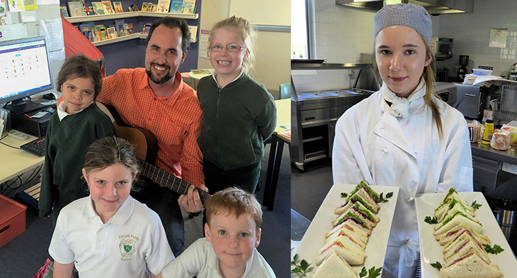 BETTER LEARNING: Karuah Public School students Katinka Saunders, Lucy Wright, Rachel Lilley and Harmon Walker performed ‘Down by the Bay’ taught to them by Mr Cline.(left)SHARED STORIES: BCS Hospitality student Katelyn Sibert shares her skills.(right)