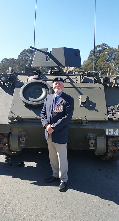 , Bruce Chapman of Tea Gardens with an APC which saw action at the battle of Long Tan Photos provided by Bruce and Jenni Chapman  