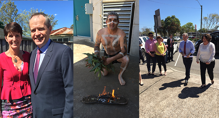 Kate Washington and Bill Shorten (left) Justin Ridgeway, proud Worimi man, preparing for the smoking ceremony (center) Meryl Swanson walking Bill Shorten up to the ceremony to cheers from the crown( right)