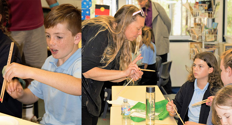 LANGUAGE: Students practice using chopsticks. ( left) CHINESE: BCS Language Teacher Ms Cunich demonstrates how to use chopsticks. (right)