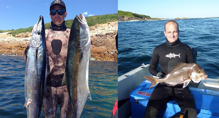 Kyle Johnston with his 15 kg kingfish and 13kg Wahoo speared at Broughton Island..( left) Kyle Johnston with his 3.5 kg Snapper from North rock at Broughton Island.(right)