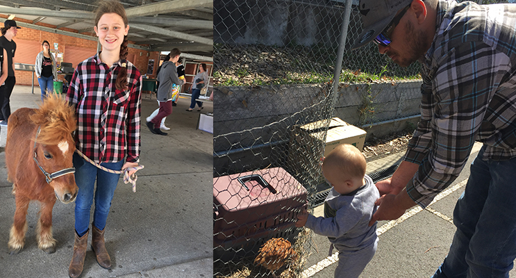 Lauren Bury with LuLu the Pony(left) Young Rivah Noake meets some chickens at the animal petting zoo ( right)
