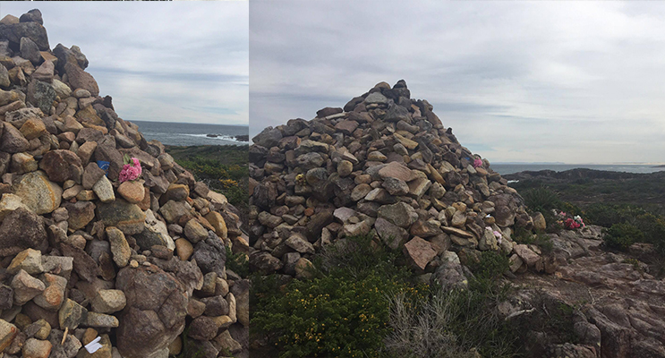 7ft Cairn memorial stone monument.(left) Memorial Monument looking over the coastline(right)