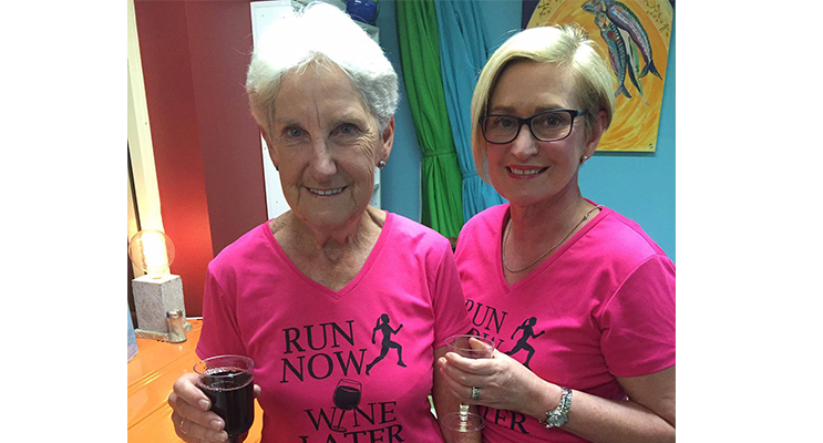 Leslie Filmer (Fox) and Founder Clare Van Doon enjoying a wine after their run. Photo: Jewell Drury 