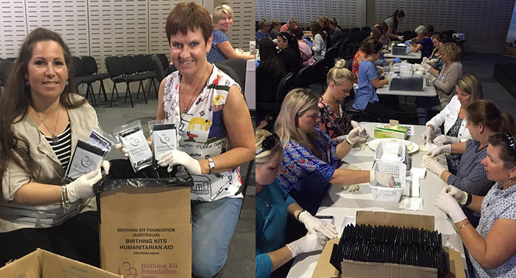 Bronwyn Gibbons (Anna Bay) and Ps Robyn McKewan organisers of the birthing kit fundraiser.(left) Some of the host of women who participated in packing the birth kits for Uganda. Photo: Bronwyn Gibbons (right)