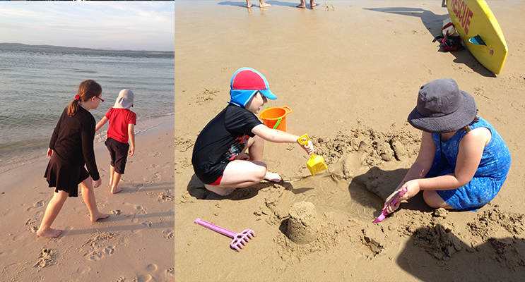 Jarrah and Isabella McLaughlin-White - the first time Jarrah ever played in the sand – huge sensory issues meant that his parents could not get him near the beach for many years. (left) Isabella and Jarrah McLaughlin-White – Now Jarrah actually asks to go to the beach and loves spending time there with his sister.(right)