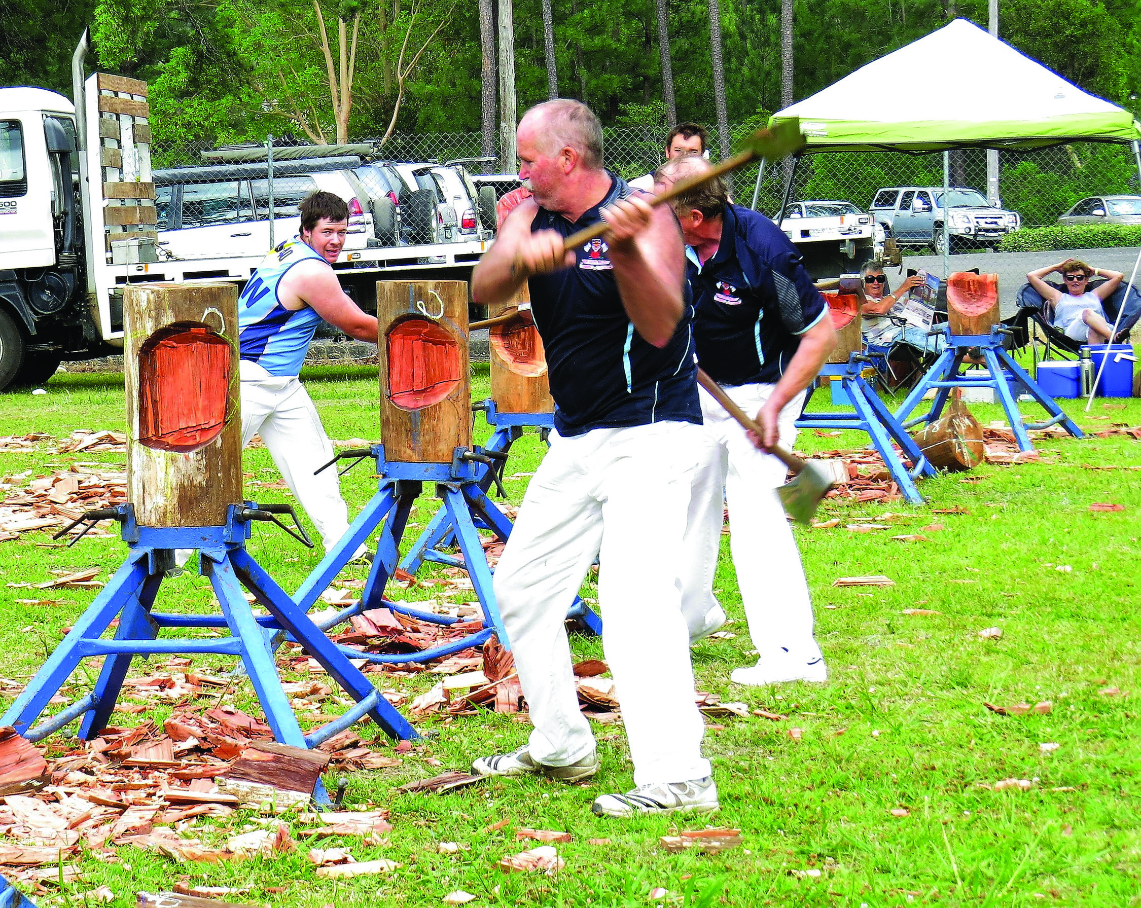 CHOP CHOP: Axemen show their skills in the woodchop competition