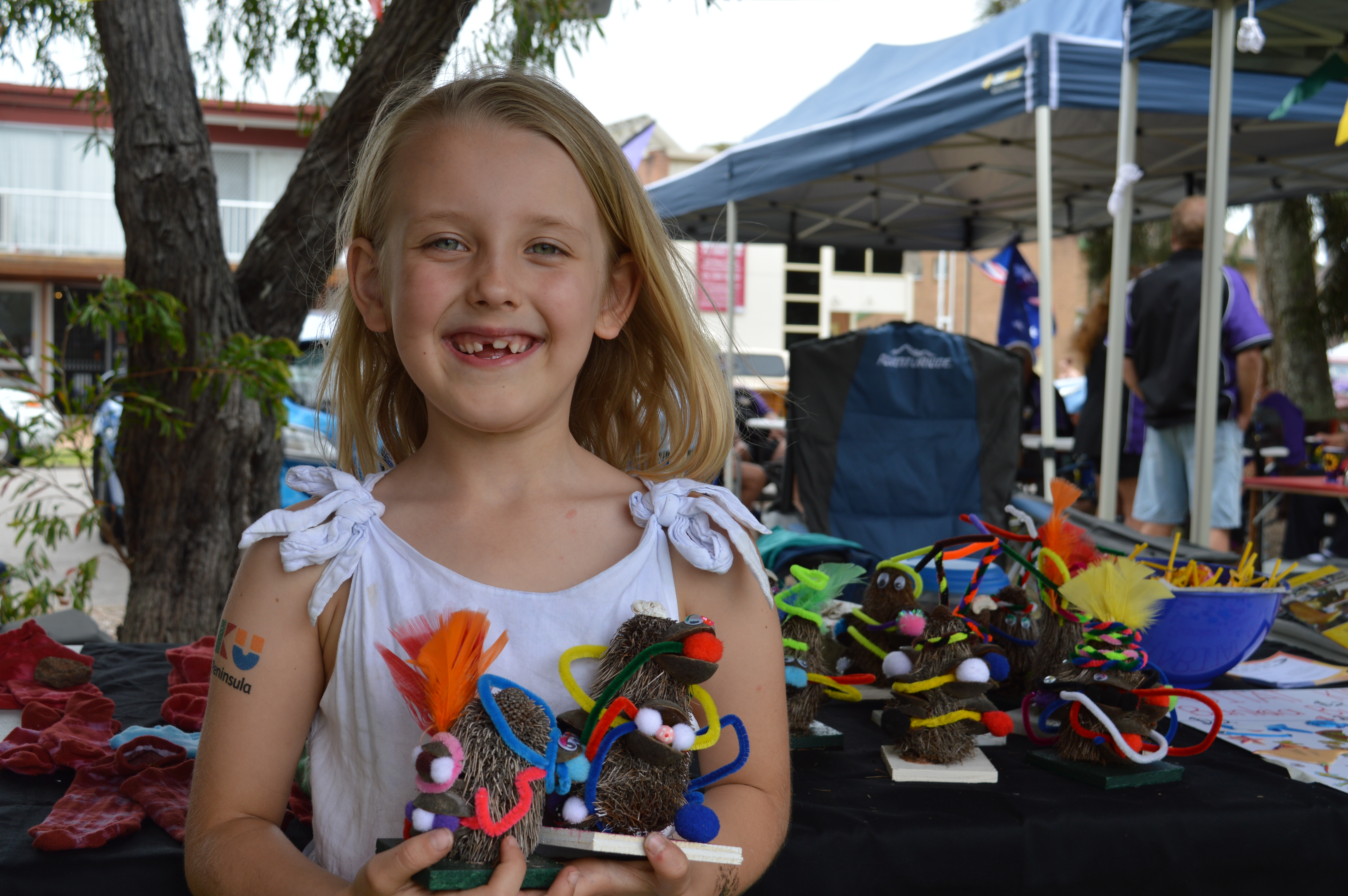 Julia Wormer, 7, from Lemon Tree passage raising money selling $2 banksia men.