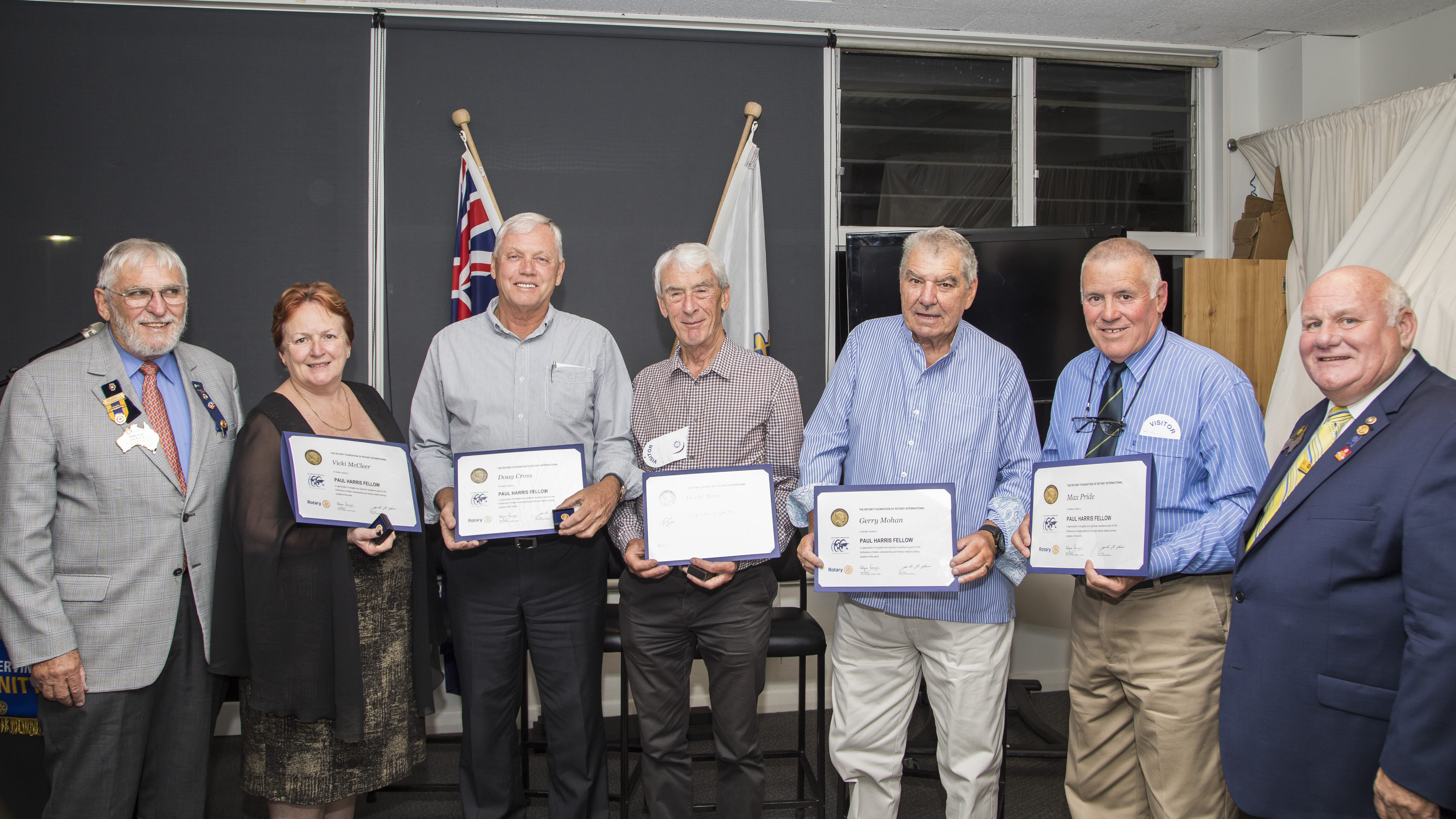 The five members of the Community honoured with the Paul Harris Fellow.
Steve Jackson (District Governor), Vickie McCleer, Doug Cross, David Birss, Gerry Mohan, Max Pride, Peter Raynor (District Chair).   Photo by Henk Tobbe