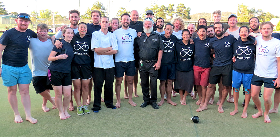 TEAM SPIRIT: Greens Bistro Chef David Shore, Steer Travel Officer Peter Hosri and Bulahdelah Bowling Club’s Grant Bidgood with the Steer North cyclists.