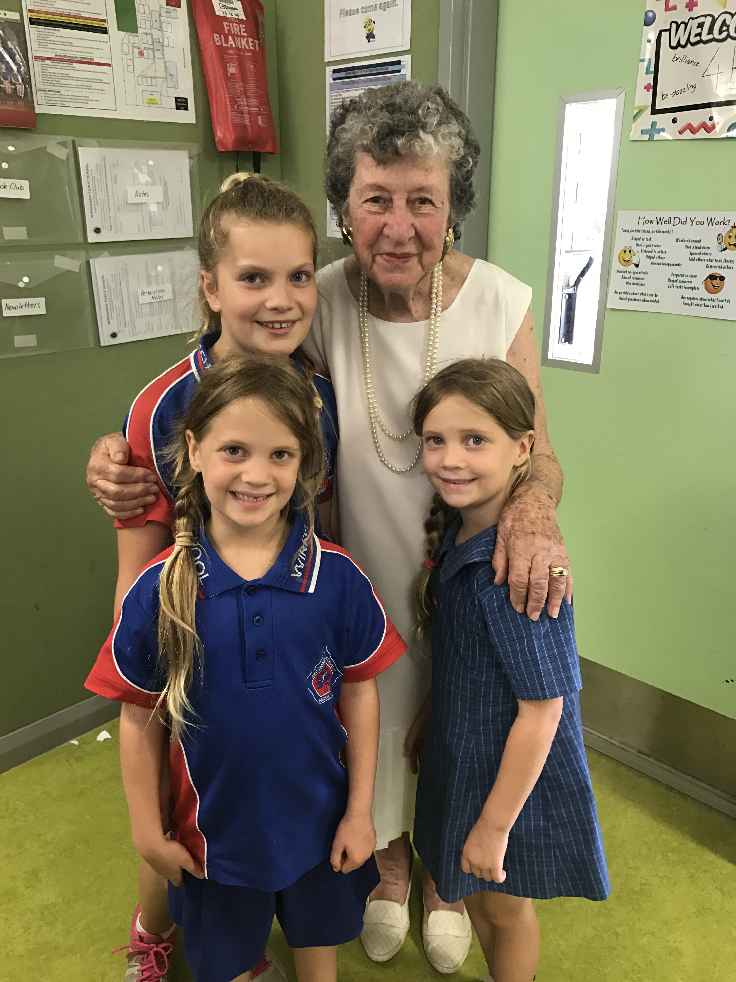 Lexi, Lucy and Lyla Magnee, with Great Nan Gwen Martin, 85 years old.