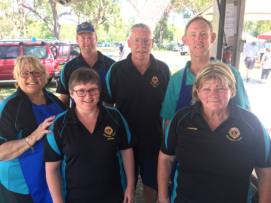 The Lions Club members with their infamous barbecue at Nelson Bay Markets: President Christine Lilly, Esther Gilmour, Mark Gilmour, Bob Cramp, Lloyd Jaenke and Lorraine Taylor. Photo by: Jewell Drury