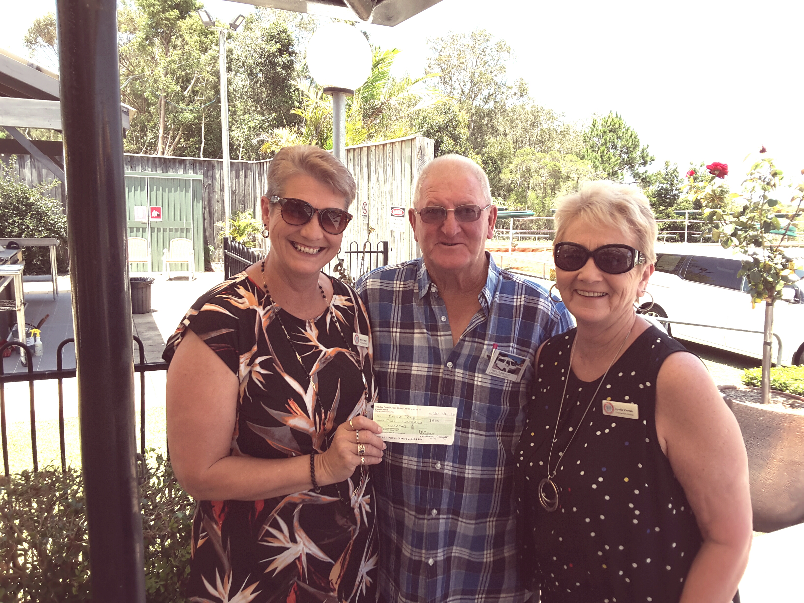$500 presented to Jeff Page for Tea Gardens Clinic Bus by Mary Cooper and Lynda Curran