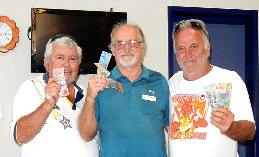 Winners of the Friday Open Jackpot Pairs:, Frank Dunn, Col Saillard and Greg Smith.