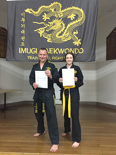 Two nominees of the Port Stephens Council Community Awards: Tony Gillespie and Carissa Maher during Taekwondo training.