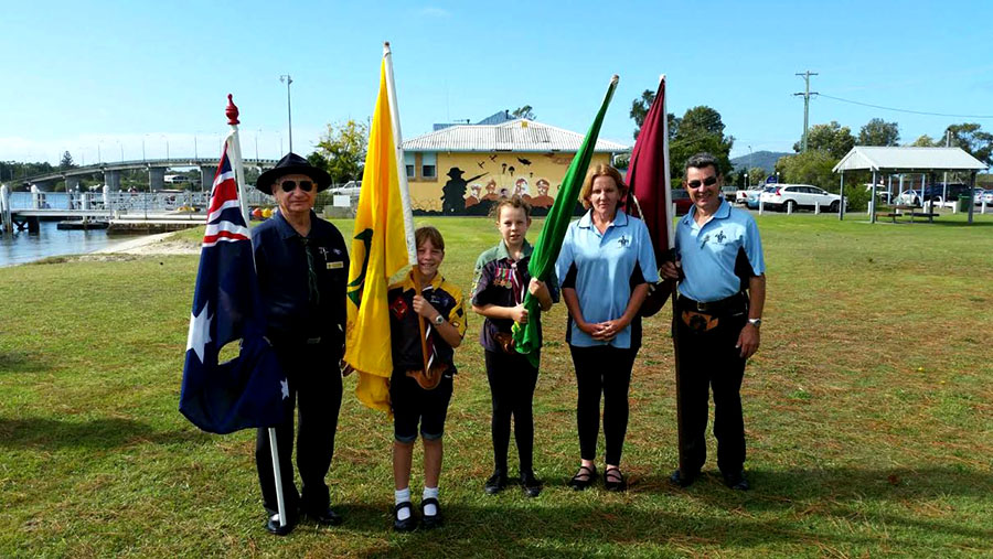 Scout Australia Stan Woodrow, Cub Scout Lily Denton, Scout Hollee Denton, Parent Helper Kim Denton and Deputy Chairperson Group Support Committee Peter Denton. Photo supplied.