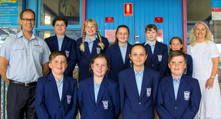 : BCS Assistant Principals Mr Rod Pye and Mrs Carol Wills with Captains Oliver Gibbs, Maggie Cunich, Charlise Luxon, Amia Murphy, Polly Sullivan, Toby Barry, Grace Kiehne, Ruby Roberts and Kurtis Barry.