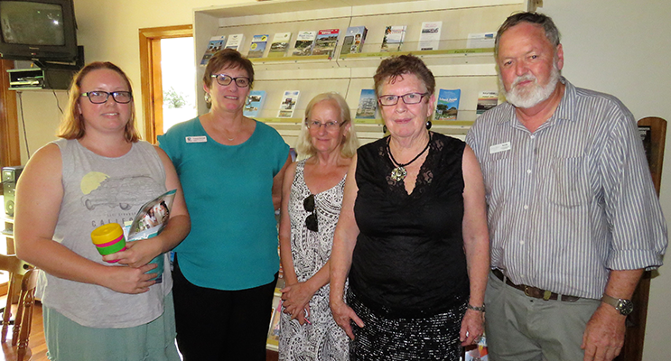 : Ashley Dexter, MidCoast Community Liaison Officer Tracey Farrant, Ruth Butler, Dianne Burns and Chamber of Commerce Vice-President Kevin Carter discuss the closure of the library. 