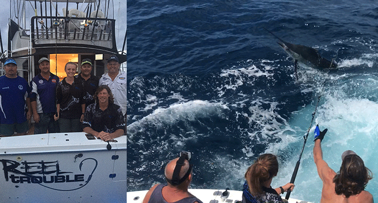 Reel Trouble team members are Robert Fitzalan, Paige Fitzalan, Ray Wilkes, Stephen Ritchie, Phil Smith and Dean Gray. Photo by Jewell Drury(left) Paige Fitzalan with her Marlin weighing approx 140kg breaking the current record. Photo Supplied( right)