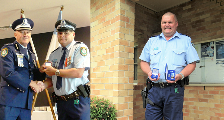 Manning Great Lakes Commander Peter Thurtell presents the NSW Police Medal to Senior Constable Trevor Mcleod. Photo Supplied (left) Senior Constable Trevor Mcleod awarded the NSW Police Medal for 30-years of service.(right)