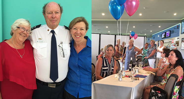 Event organiser Sharon Day with deputy unit commander Neil Hansford and Fingal Bay Sports Club promotions and administration officer Vicki Page. ( left) In between the frivolity, attendees received a sobering message regarding rescue operations conducted by Marine Rescue Port Stephens. Photos by Jo Finn ( right)