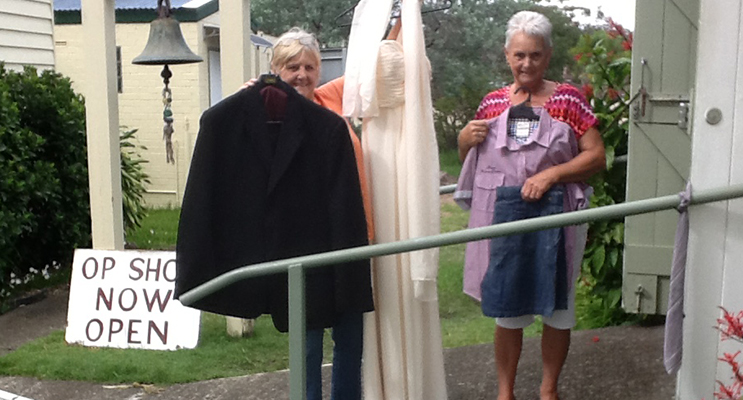 Joy Wittman  and Christine Mason proving that you can find an outfit for anything, from a wedding to a picnic at the Karuah Op Shop.  