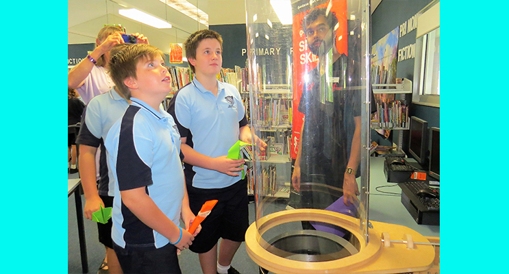 Success: Toby Barry and Samual Bidwell test their models in the wind tunnel with Josh Ezackia. 