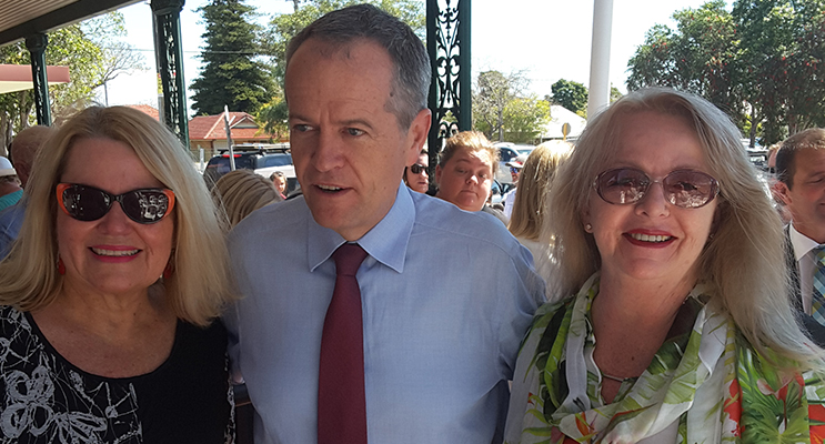 Labor’s Tomaree branch president Heather Letham  and Gail Armstrong flank Federal Leader of the Opposition Bill Shorten. Photo by Graham Blythman