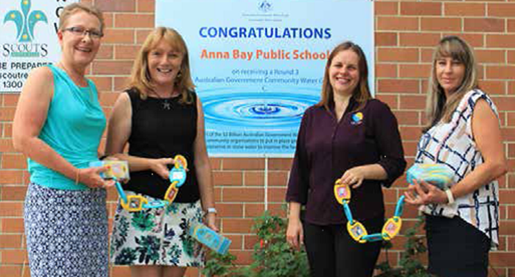 Arja Levonpera Youth Director, Claire Morrison Anna Bay Primary School, Kathy Rimmer Nelson Bay Rotary Treasurer and Laice Moses deliver the Klipee Educational Toys to Anna Bay Primary School. Photo supplied 