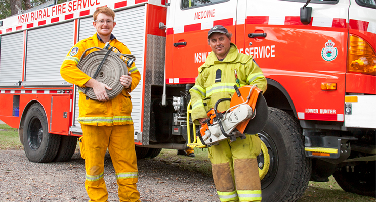 Medowie Rural Fire Brigade members Andrew Goodwin and Deputy Captain Peter Smith.  Photo by Gavin Smith
