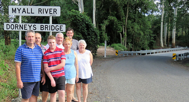 Three Generations of the Dorney Family: Glen, Gary, Michael, Lester, Irene, Helen and Lewis at the new bridge in Markwell. 