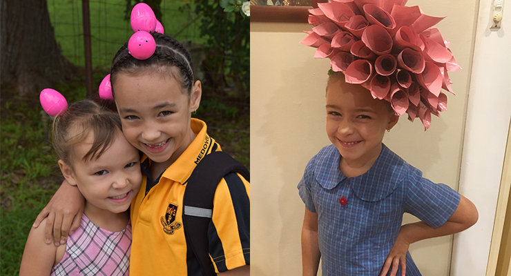 Tori from Medowie Preschool and Ryah from Medowie Public School with their super creative Easter hair. (left)  Lola Bovill, an artist in the making, with her recycled art Easter hat.  (right)