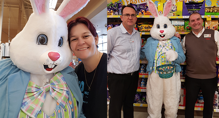 Ann-Marie catches up with the Easter Bunny at Coles. (left) Darren and David from Coles welcome the Easter Bunny to their store. (right)