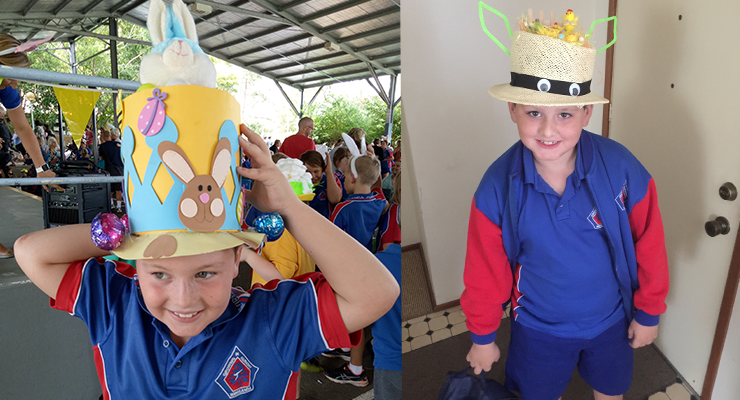 Kayne Conroy with his special creation for the Wirreanda Public School Easter Hat parade.(left) Rhiley from Wirreanda shows off his Easter hat.(right)