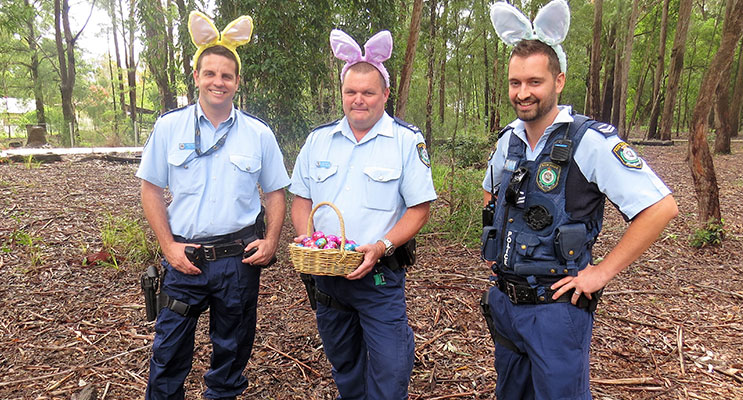 Senior Constables Ashley Ray, Trevor Mcleod and David Feeney, wish everyone an enjoyable and safe Easter. 