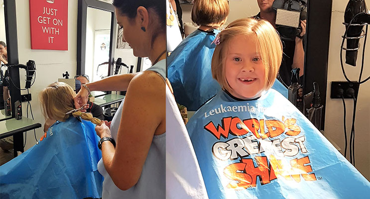 Locks Lopped: Kirra-Lea Rooney’s long ponytail being chopped by stylist Renee Ballantine at Razors Edge Hair Studio. Photo: Supplied(left) Kirra-Lea Rooney loves her new, short, hairstyle. Photo: Supplied (right)
