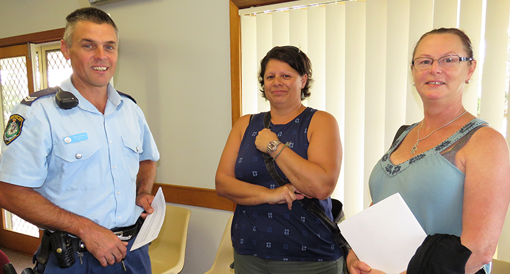 Funding Workshop: Senior Constable Rob Wylie with Angela Randell representing the Hawks River Rugby League Club and Jane Eastabrook from Tea Gardens Sharks Soccer Club.