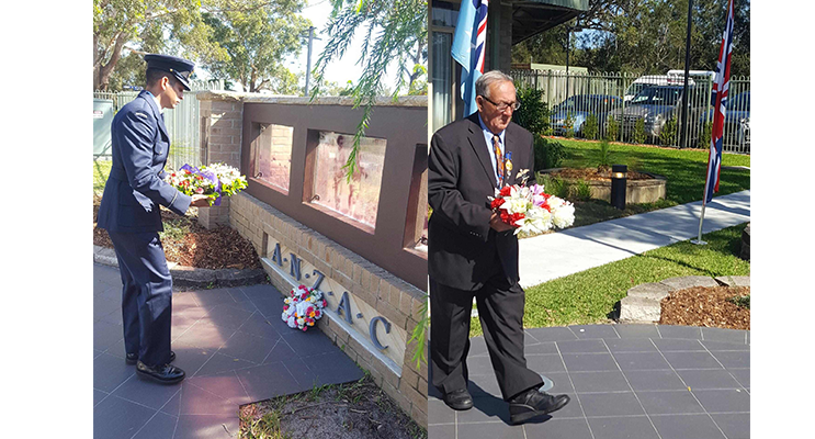 ANZAC GUEST SPEAKER: Sheran Silva, Williamtown Air Force Base. (left) ANZAC WREATH LAYING: Barry Whiteman RSL Sub Branch. (right)