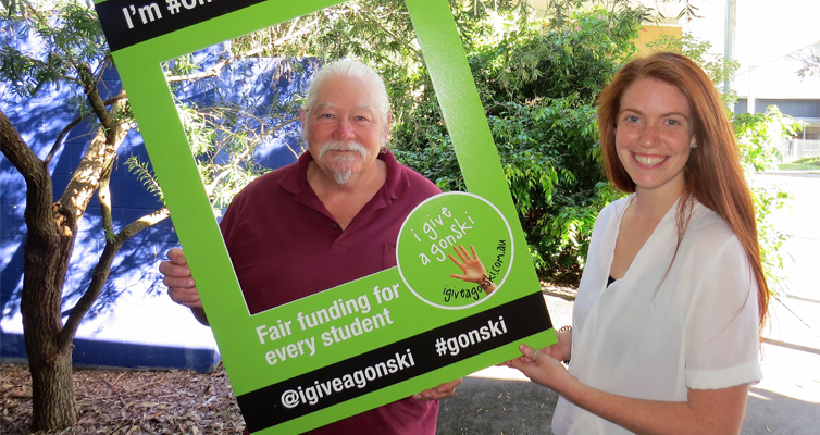 Give A Gonski For Students: Teachers Shane Nunan and Megan Henry.
